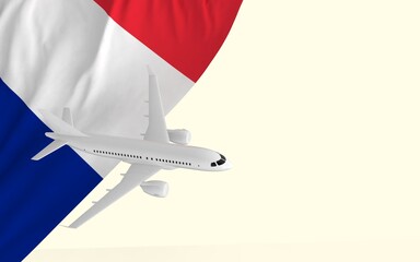 Flight by passenger airplane travel concept on the national country flag of France geopolitics and tourism banner with copy space cut out ready 3d rendering image