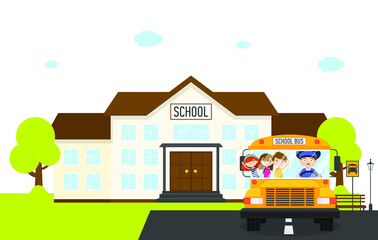 School landscape with school bus and kids isolated on the white background, vector illustration