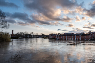 The river Severn flooding Shrewsbury near the English Bridge. Shropshire, England, UK.