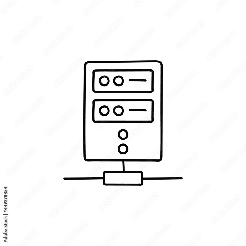 Poster computer data server icon in flat black line style, isolated on white background