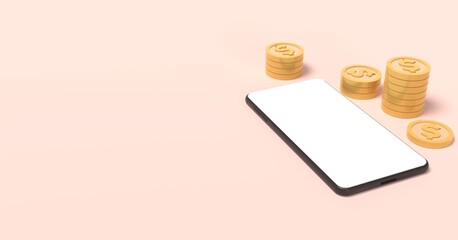 3D smartphone with coin and bill, online buying and online payment concept. trendy 3d illustration, 3d rendering.