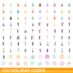100 holiday icons set. Cartoon illustration of 100 holiday icons vector set isolated on white background