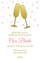 Bridal shower invitation with golden glasses of champagne and pink hearts on white background.