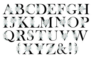 Watercolor set for decoration of black letters with bouquets on a white background.