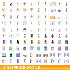 Fototapeta premium 100 office icons set. Cartoon illustration of 100 office icons vector set isolated on white background