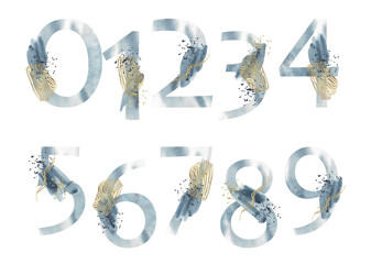 Beautiful watercolor abstract numbers with blue letters and abstract elements on a white background for decor.