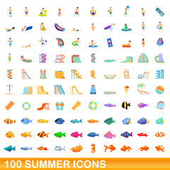 100 summer icons set. Cartoon illustration of 100 summer icons vector set isolated on white background