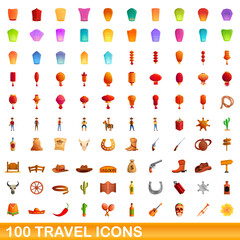 100 travel icons set. Cartoon illustration of 100 travel icons vector set isolated on white background