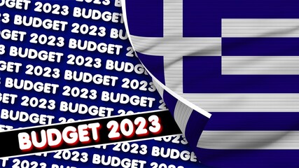 Greece Realistic Flag with Budget 2023 Title Fabric Texture Effect 3D Illustration