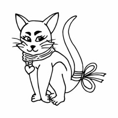 Black-and-white sly cat. Vector image. Coloring book.