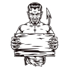 Horned devil holding blank wooden plank