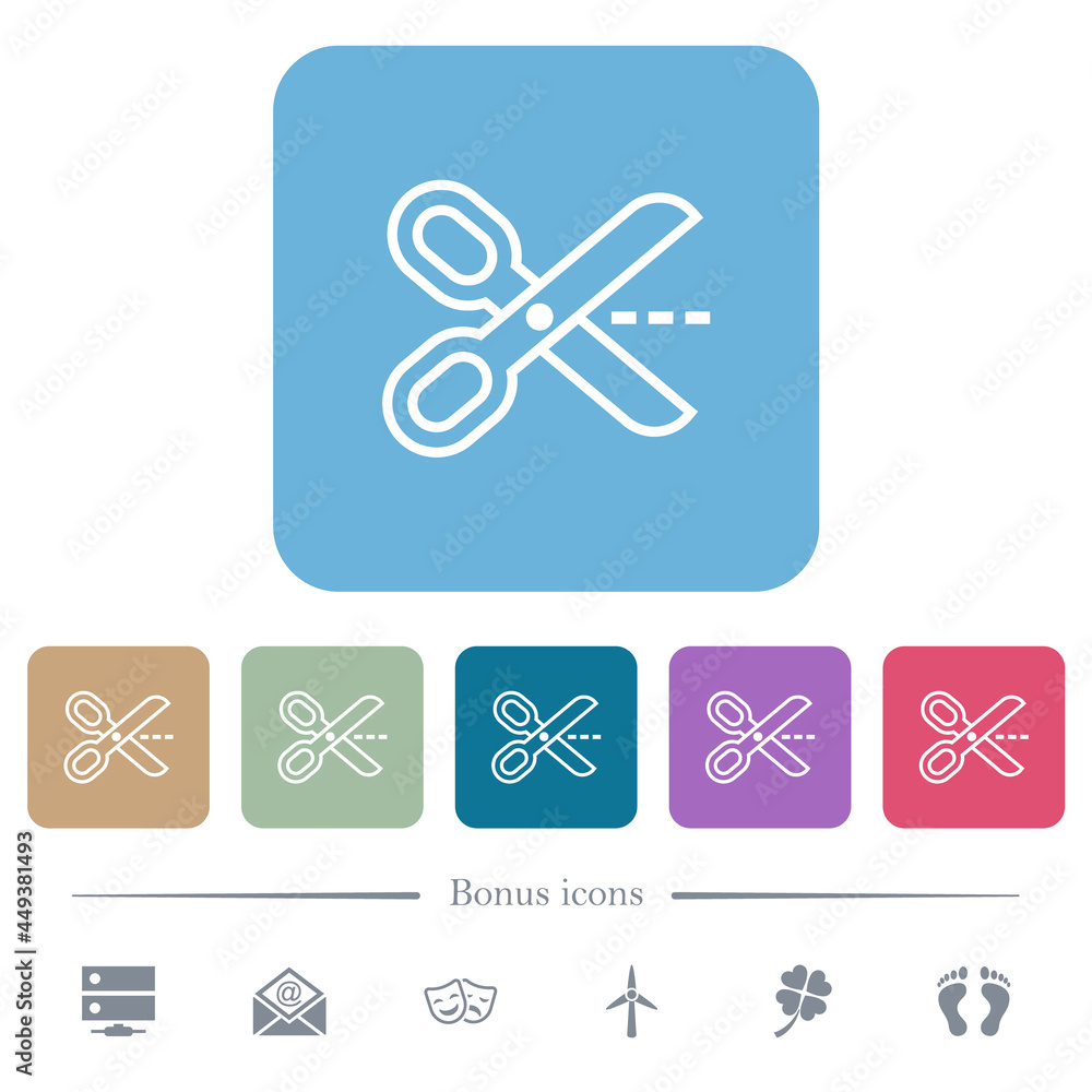 Aufkleber cut with scissors outline flat icons on color rounded square backgrounds