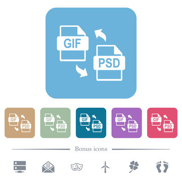 GIF PSD file conversion flat icons on color rounded square backgrounds