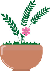 Vector image of a clay flower pot with 3 leaf plants and a bright pink flower.