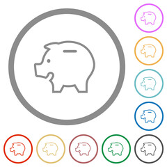 Left facing piggy bank outline flat icons with outlines