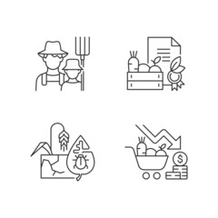 Agribusiness linear icons set. Farm business risks and failures. Certified organic goods. Family farming. Customizable thin line contour symbols. Isolated vector outline illustrations. Editable stroke