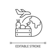 Agricultural products export linear icon. Agricultural goods delivering. Global market sales. Thin line customizable illustration. Contour symbol. Vector isolated outline drawing. Editable stroke