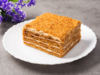 a piece of honey cake on a white plate on a gray background