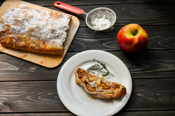 Apple strudel Apple dough pastry Dessert on a plate