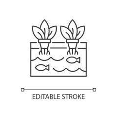Aquaponics linear icon. Aquaculture plus hydroponics. Innovative ecosystem. Greenhouse plantation. Thin line customizable illustration. Contour symbol. Vector isolated outline drawing. Editable stroke