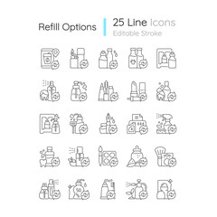 Refill options linear icons set. Eco friendly package. Reusable products to reduce carbon print. Customizable thin line contour symbols. Isolated vector outline illustrations. Editable stroke