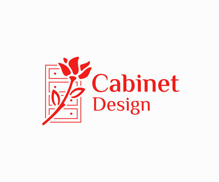 Cabinetry Work Logo Design. Wooden Frame Cabinet Door And Drawers With Rose Vector Design. Cabinet Finishing Logotype