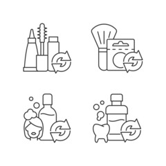 Reusable options linear icons set. Mascara refill. Blush in eco friendly package. Mouth wash. Customizable thin line contour symbols. Isolated vector outline illustrations. Editable stroke