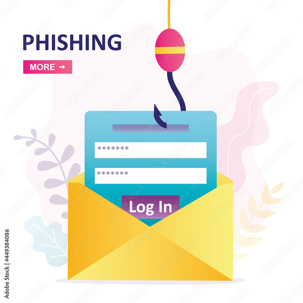 Poster cyber crime of password theft. login in hanging on hook. hacked username and password