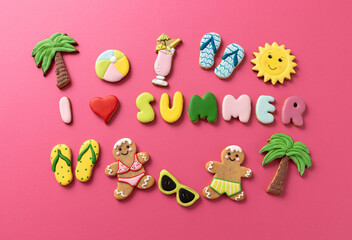 Gingerbread man and gingerbread woman summer cookies, i love summer cookies theme, pink background