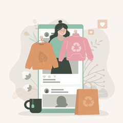 Influencer talks about eco fashion and recycled clothing. Girl on social networks discusses movement of zero waste