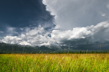 field and cloudy sky over the mountains before the storm