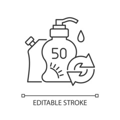 Sunscreen refill linear icon. Natural cosmetic. Eco friendly package. Reusable sunblock. Thin line customizable illustration. Contour symbol. Vector isolated outline drawing. Editable stroke