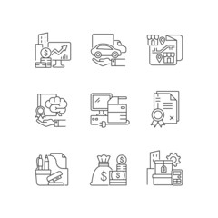 Office supplies and technical equipment linear icons set. Company owned vehicles. Customizable thin line contour symbols. Corporate intellectual. Isolated vector outline illustrations. Editable stroke