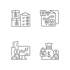 Company stocks and franchise linear icons set. Finished goods. Financial relation. Increment monitoring. Customizable thin line contour symbols. Isolated vector outline illustrations. Editable stroke