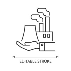 Manufacturing linear icon. Plants and ownership. Production of goods. Machine industry. Thin line customizable illustration. Contour symbol. Vector isolated outline drawing. Editable stroke