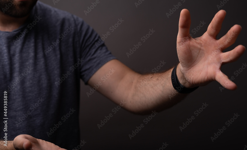 Poster man showing his empty hand.