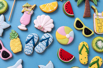 Mediterranean theme summer cookies, summer and beach motives, ideal treat for warm climate