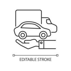 Company owned vehicles linear icon. Business use car. Truck and automobile on the human hand. Thin line customizable illustration. Contour symbol. Vector isolated outline drawing. Editable stroke