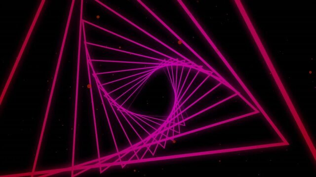 Triangle shapes spinning in seamless motion against pink dots floating on black background