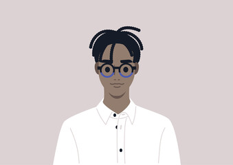 A young male Black character wearing fancy eyeglasses and a white button up shirt, office smart casual lifestyle
