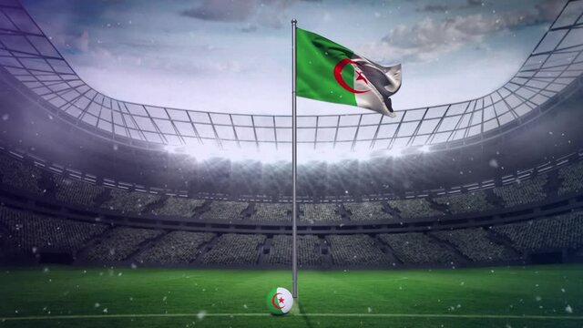 White particles floating over waving algeria flag against sports stadium in background