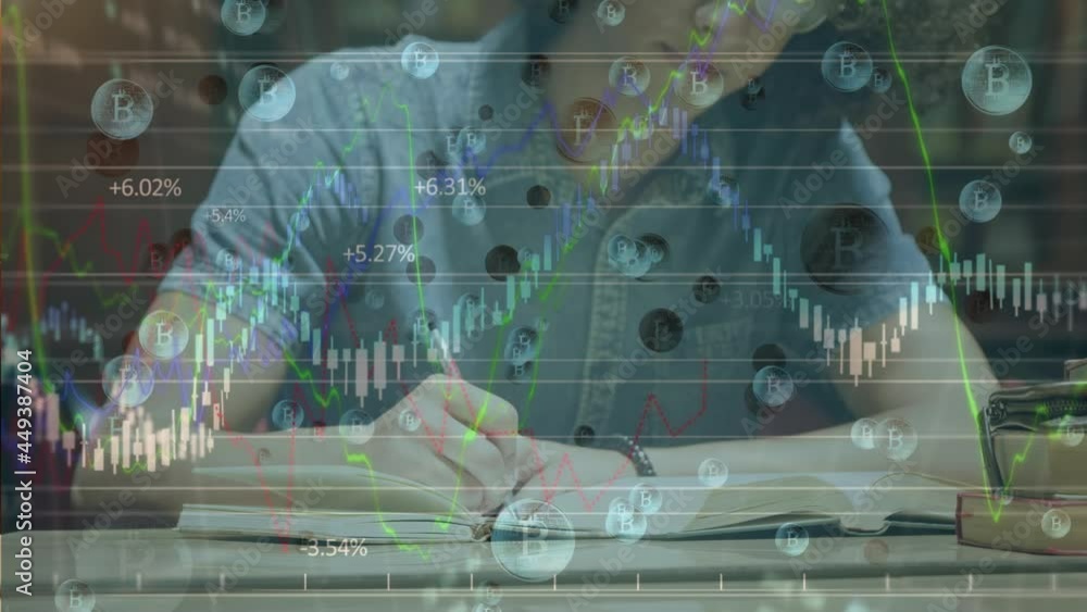 Aufkleber statistical data processing and bitcoin icons over male student studying in library at college