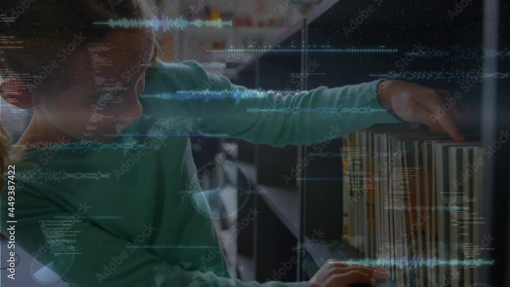 Poster screens with data processing over caucasian girl searching a booking in library at elementary school