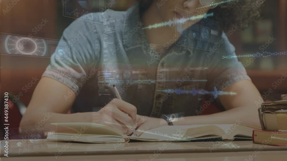 Wall mural Multiple screens with data processing over caucasian male student studying in library at college