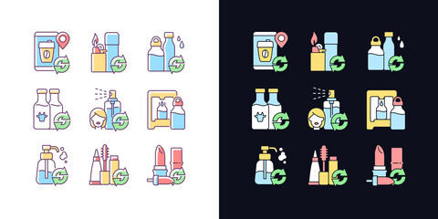 Refillable products light and dark theme RGB color icons set. Recyclable and eco friendly package. Isolated vector illustrations on white and black space. Simple filled line drawings pack