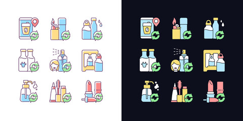 Obraz premium Refillable products light and dark theme RGB color icons set. Recyclable and eco friendly package. Isolated vector illustrations on white and black space. Simple filled line drawings pack