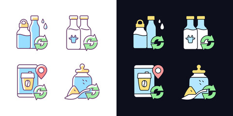 Refillable options light and dark theme RGB color icons set. Water bottle. Milk drink. Eco friendly package. Isolated vector illustrations on white and black space. Simple filled line drawings pack