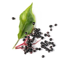 Elderberries, elder berries pile with green leaf, isolated on white background, top view