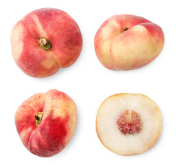 Set of flat peaches on a white background. The view from top