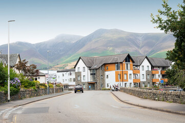 Keswick, English Lake District, U.K. 28 July, 2021. Beautiful town centre in Keswick, english buidings and hotels. Most popular place to visit in U.K © Inga
